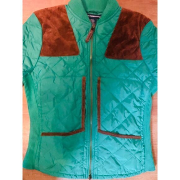 Ralph Lauren Sport Quilted Jacket Green W/ 100% Calf Suede Brown Trim Women S/P - Picture 8 of 10